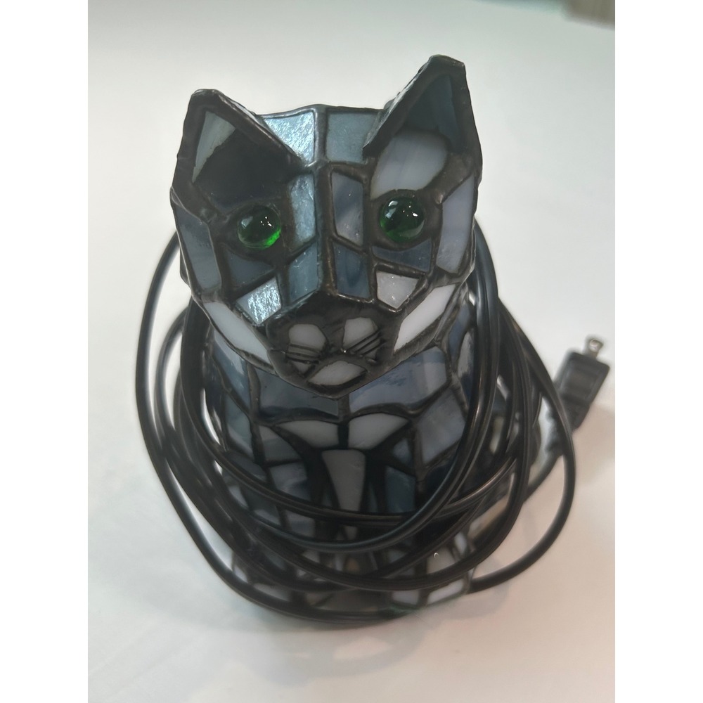 Vintage Meyda Tiffany Style Cat Lamp Blue/Glass Green/Eyes Accent Light E109585